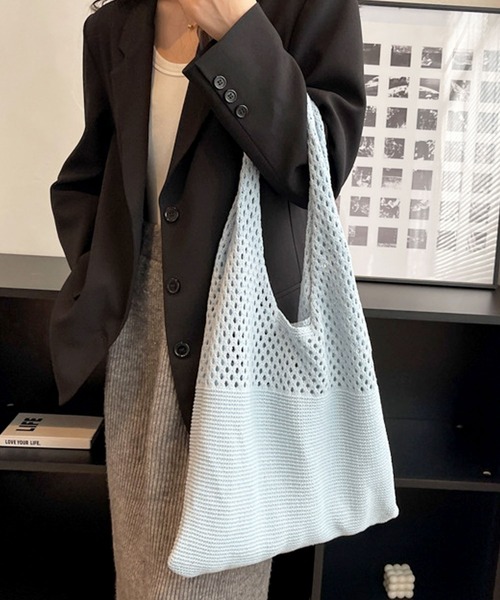 florist(フローリスト)の「【15色展開】【A4収納可】シーズンレスニットトートバッグ(トートバッグ・レディース・ブラウン/オレンジ/グリーン/ライトイエロー/ライトブラウン/ライトブルー/オフホワイト/ライトグリーン/ボルドー/グレー/ブルー/グレイッシュベージュ/ミント/ライトパープル/ブラック・FREE)」の1枚目の写真