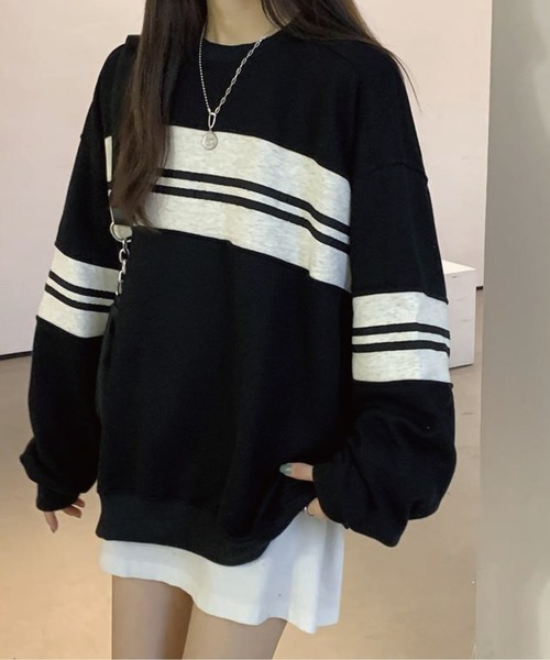 meJane(ミージェーン)の「マルチボーダールーズシルエットロングTシャツ(Tシャツ/カットソー・レディース・ブラック/グリーン・FREE)」の2枚目の写真