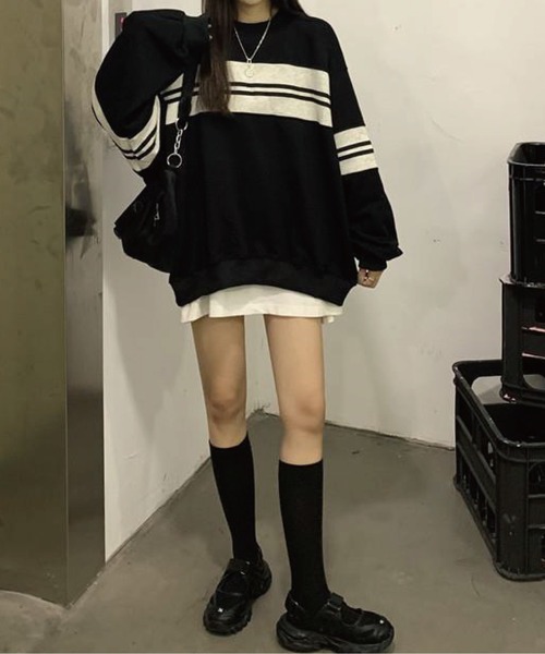 meJane(ミージェーン)の「マルチボーダールーズシルエットロングTシャツ(Tシャツ/カットソー・レディース・ブラック/グリーン・FREE)」の3枚目の写真