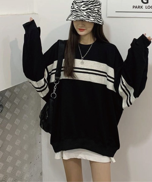 meJane(ミージェーン)の「マルチボーダールーズシルエットロングTシャツ(Tシャツ/カットソー・レディース・ブラック/グリーン・FREE)」の4枚目の写真