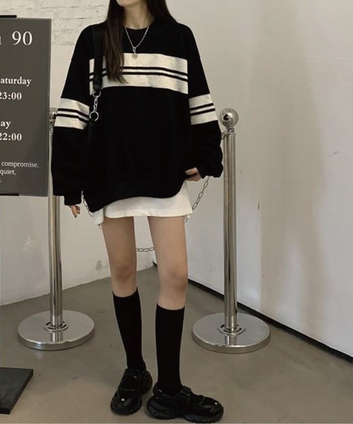 meJane(ミージェーン)の「マルチボーダールーズシルエットロングTシャツ(Tシャツ/カットソー・レディース・ブラック/グリーン・FREE)」の5枚目の写真