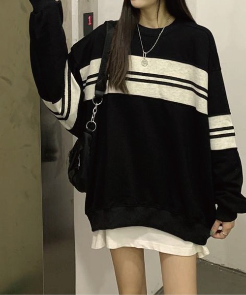 meJane(ミージェーン)の「マルチボーダールーズシルエットロングTシャツ(Tシャツ/カットソー・レディース・ブラック/グリーン・FREE)」の9枚目の写真