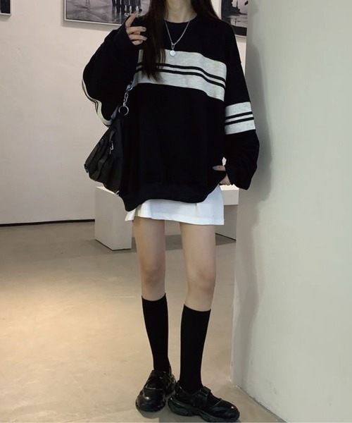 meJane(ミージェーン)の「マルチボーダールーズシルエットロングTシャツ(Tシャツ/カットソー・レディース・ブラック/グリーン・FREE)」の8枚目の写真