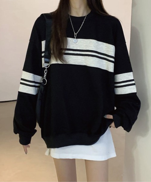 meJane(ミージェーン)の「マルチボーダールーズシルエットロングTシャツ(Tシャツ/カットソー・レディース・ブラック/グリーン・FREE)」の7枚目の写真