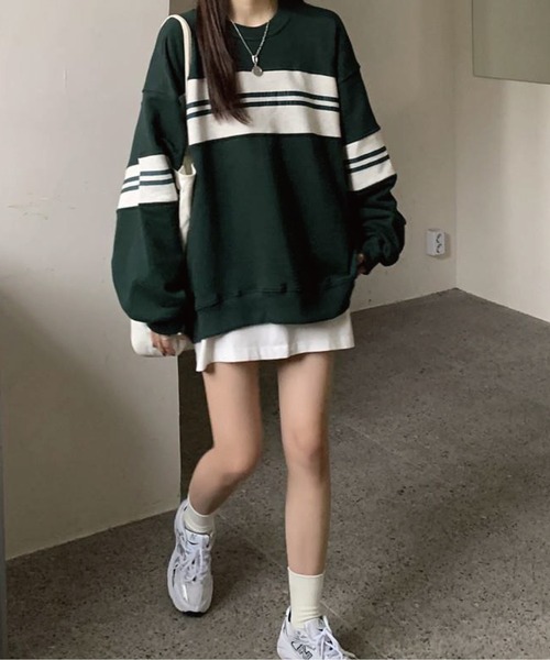 meJane(ミージェーン)の「マルチボーダールーズシルエットロングTシャツ(Tシャツ/カットソー・レディース・ブラック/グリーン・FREE)」の15枚目の写真