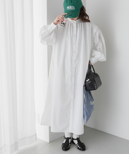 BONLECILL（ボンルシール）の「2way ボリュームスリーブ／ノースリーブ バンドカラーロングシャツワンピース（シャツワンピース・レディース・ブラック系/ネイビー系/ブルー系/オフホワイト・FREE）」の17枚目の写真