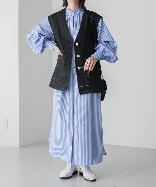 BONLECILL（ボンルシール）の「2way ボリュームスリーブ／ノースリーブ バンドカラーロングシャツワンピース（シャツワンピース・レディース・ブラック系/ネイビー系/ブルー系/オフホワイト・FREE）」の9枚目の写真