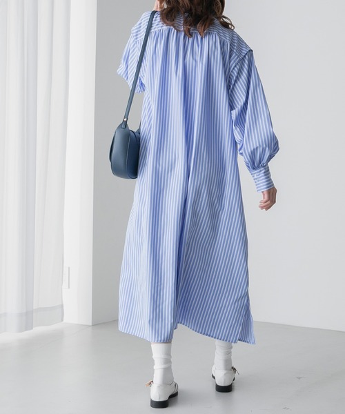 BONLECILL（ボンルシール）の「2way ボリュームスリーブ／ノースリーブ バンドカラーロングシャツワンピース（シャツワンピース・レディース・ブラック系/ネイビー系/ブルー系/オフホワイト・FREE）」の15枚目の写真