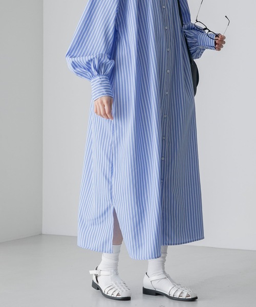 BONLECILL（ボンルシール）の「2way ボリュームスリーブ／ノースリーブ バンドカラーロングシャツワンピース（シャツワンピース・レディース・ブラック系/ネイビー系/ブルー系/オフホワイト・FREE）」の16枚目の写真