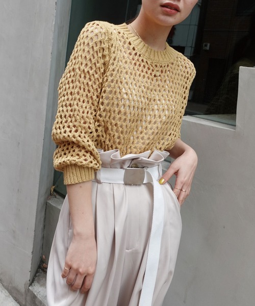 CORNERS（コーナーズ）の「メッシュ編みニット（Tシャツ/カットソー・レディース・アイボリー/ブラック/ホワイト/ベージュ/グリーン/パープル・M）」の4枚目の写真