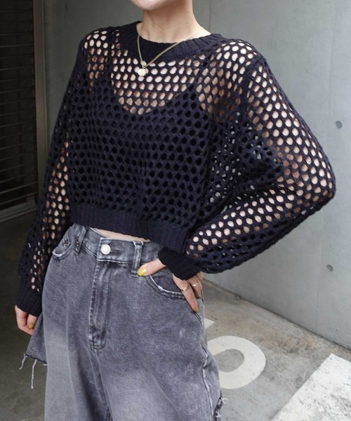 CORNERS（コーナーズ）の「メッシュ編みニット（Tシャツ/カットソー・レディース・アイボリー/ブラック/ホワイト/ベージュ/グリーン/パープル・M）」の3枚目の写真