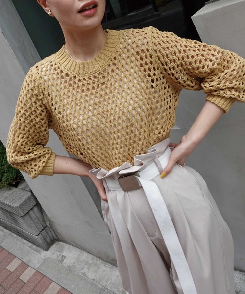 CORNERS（コーナーズ）の「メッシュ編みニット（Tシャツ/カットソー・レディース・アイボリー/ブラック/ホワイト/ベージュ/グリーン/パープル・M）」の13枚目の写真