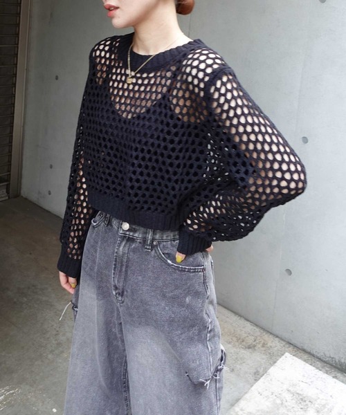 CORNERS（コーナーズ）の「メッシュ編みニット（Tシャツ/カットソー・レディース・アイボリー/ブラック/ホワイト/ベージュ/グリーン/パープル・M）」の8枚目の写真