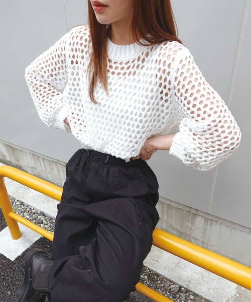 CORNERS（コーナーズ）の「メッシュ編みニット（Tシャツ/カットソー・レディース・アイボリー/ブラック/ホワイト/ベージュ/グリーン/パープル・M）」の14枚目の写真