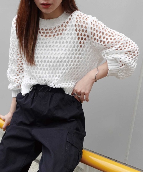 CORNERS（コーナーズ）の「メッシュ編みニット（Tシャツ/カットソー・レディース・アイボリー/ブラック/ホワイト/ベージュ/グリーン/パープル・M）」の16枚目の写真