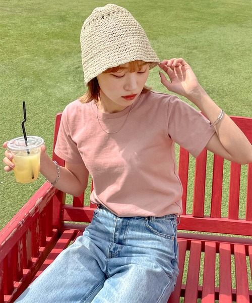 Chillfar(チルファー)の「コンパクトTシャツ/無地/細ボーダー(Tシャツ/カットソー・レディース・ブラック/ホワイト系/ネイビー系/クリーム/レモンイエロー/ホワイト/ベージュ系/ピンク/グリーン/チャコール/オートミール/ネイビー・FREE)」の12枚目の写真