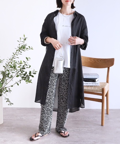 reca（レカ）の「【UVカット】袖ロールアップウエストドロストシアーワンピース（シャツワンピース・レディース・ブラック/オフホワイト/イエロー・FREE）」の5枚目の写真