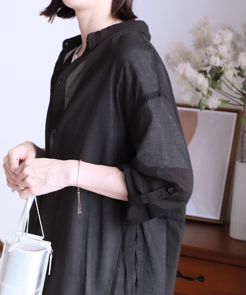 reca（レカ）の「【UVカット】袖ロールアップウエストドロストシアーワンピース（シャツワンピース・レディース・ブラック/オフホワイト/イエロー・FREE）」の6枚目の写真