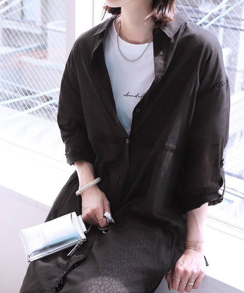 reca（レカ）の「【UVカット】袖ロールアップウエストドロストシアーワンピース（シャツワンピース・レディース・ブラック/オフホワイト/イエロー・FREE）」の7枚目の写真