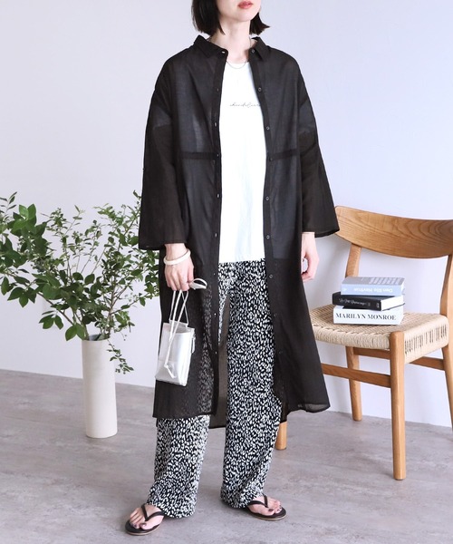 reca（レカ）の「【UVカット】袖ロールアップウエストドロストシアーワンピース（シャツワンピース・レディース・ブラック/オフホワイト/イエロー・FREE）」の9枚目の写真