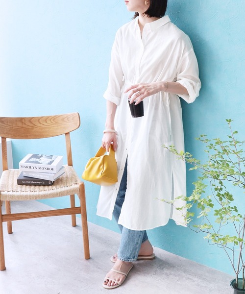 reca（レカ）の「【UVカット】袖ロールアップウエストドロストシアーワンピース（シャツワンピース・レディース・ブラック/オフホワイト/イエロー・FREE）」の11枚目の写真