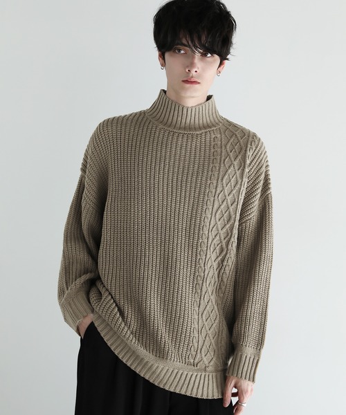 ASTRONOMY(アストロノミー)の「Buyer's Select/ビッグシルエット畦編み切替モックネックニット(ニット/セーター・メンズ・ベージュ/ホワイト/グリーン/ブラック/グレー・L/M)」の1枚目の写真