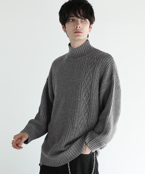 ASTRONOMY(アストロノミー)の「Buyer's Select/ビッグシルエット畦編み切替モックネックニット(ニット/セーター・メンズ・ベージュ/ホワイト/グリーン/ブラック/グレー・L/M)」の4枚目の写真
