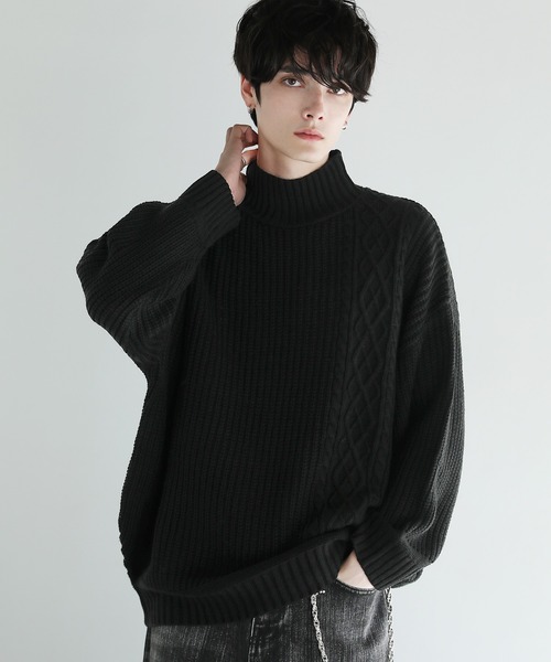 ASTRONOMY(アストロノミー)の「Buyer's Select/ビッグシルエット畦編み切替モックネックニット(ニット/セーター・メンズ・ベージュ/ホワイト/グリーン/ブラック/グレー・L/M)」の3枚目の写真