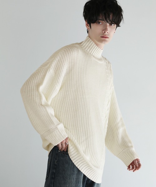 ASTRONOMY(アストロノミー)の「Buyer's Select/ビッグシルエット畦編み切替モックネックニット(ニット/セーター・メンズ・ベージュ/ホワイト/グリーン/ブラック/グレー・L/M)」の6枚目の写真