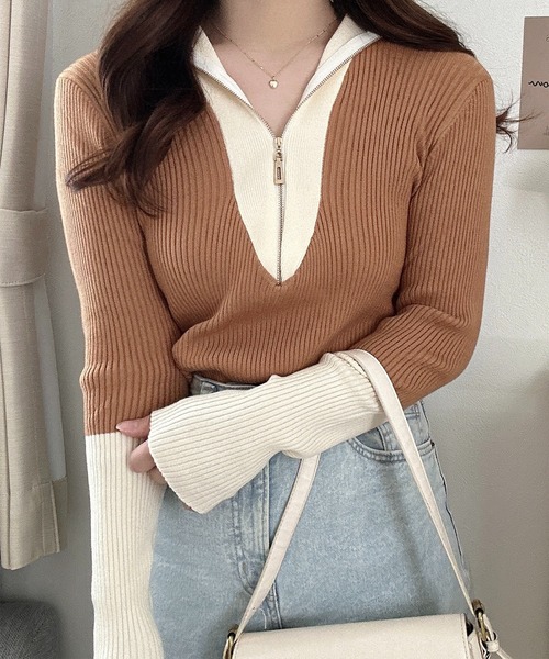 ROOPTOKYO（ループトウキョウ）の「Bicolor half-zip knit/バイカラーハーフジップニット（Tシャツ/カットソー・レディース・グレー/モカ/ホワイト/ブラック・L/M/S）」の20枚目の写真