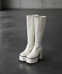 LOVEHUNTER スクエアトゥ厚底バルキーソール ストレッチロングブーツ 10.5cmヒール