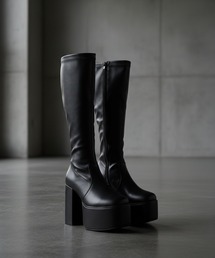 LOVEHUNTER スクエアトゥ厚底バルキーソール ストレッチロングブーツ 10.5cmヒール