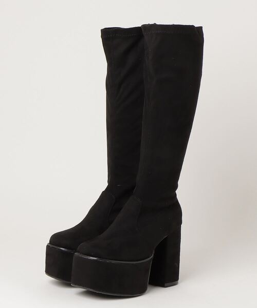LOVEHUNTER（ラブハンター）の「LOVEHUNTER スクエアトゥ厚底バルキーソール ストレッチロングブーツ 10.5cmヒール（ブーツ・レディース・ブラック/アイボリー/ブラック系その他・S/LL/L/M）」の8枚目の写真