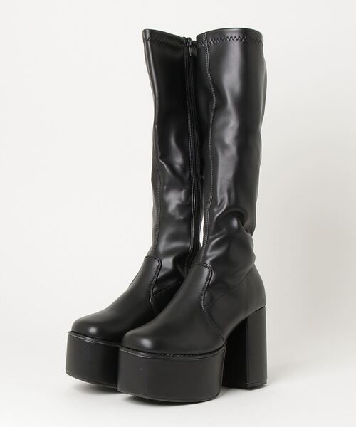 LOVEHUNTER（ラブハンター）の「LOVEHUNTER スクエアトゥ厚底バルキーソール ストレッチロングブーツ 10.5cmヒール（ブーツ・レディース・ブラック/アイボリー/ブラック系その他・S/LL/L/M）」の7枚目の写真