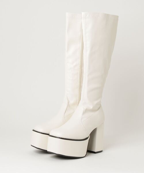 LOVEHUNTER（ラブハンター）の「LOVEHUNTER スクエアトゥ厚底バルキーソール ストレッチロングブーツ 10.5cmヒール（ブーツ・レディース・ブラック/アイボリー/ブラック系その他・S/LL/L/M）」の6枚目の写真