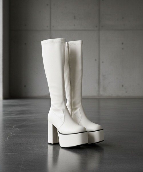 LOVEHUNTER（ラブハンター）の「LOVEHUNTER スクエアトゥ厚底バルキーソール ストレッチロングブーツ 10.5cmヒール（ブーツ・レディース・ブラック/アイボリー/ブラック系その他・S/LL/L/M）」の4枚目の写真