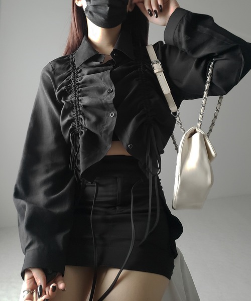 me+em select(ミームセレクト)の「【 3color 】ダブルリボンシャーリングショートシアーシャツ / double shirring ribbon short sheer shirts(シャツ/ブラウス・レディース・ホワイト/ブルー/ブラック・FREE)」の18枚目の写真
