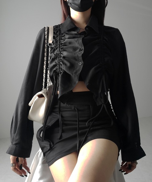 me+em select(ミームセレクト)の「【 3color 】ダブルリボンシャーリングショートシアーシャツ / double shirring ribbon short sheer shirts(シャツ/ブラウス・レディース・ホワイト/ブルー/ブラック・FREE)」の20枚目の写真