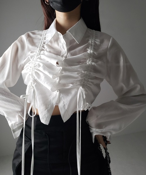 me+em select ダブルリボンシャーリングショートシアーシャツ ホワイト セール】【 3color 】ダブルリボンシャーリングショートシアーシャツ