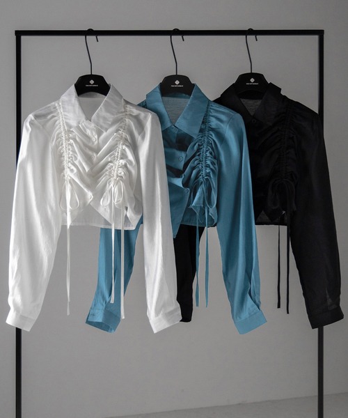 me+em select ダブルリボンシャーリングショートシアーシャツ ホワイト セール】【 3color 】ダブルリボンシャーリングショートシアーシャツ