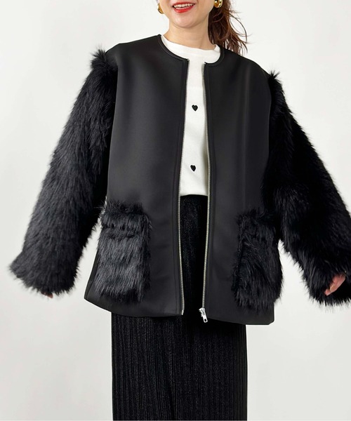 PICCIN（ピッチン）の「【WEB限定】ダンボールニット×ファージャケット（ノーカラーコート・レディース・ブラック/オフホワイト・M）」の2枚目の写真