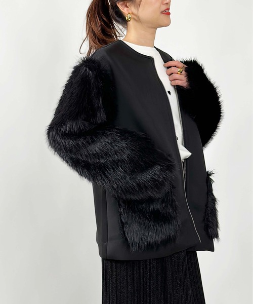 PICCIN（ピッチン）の「【WEB限定】ダンボールニット×ファージャケット（ノーカラーコート・レディース・ブラック/オフホワイト・M）」の21枚目の写真