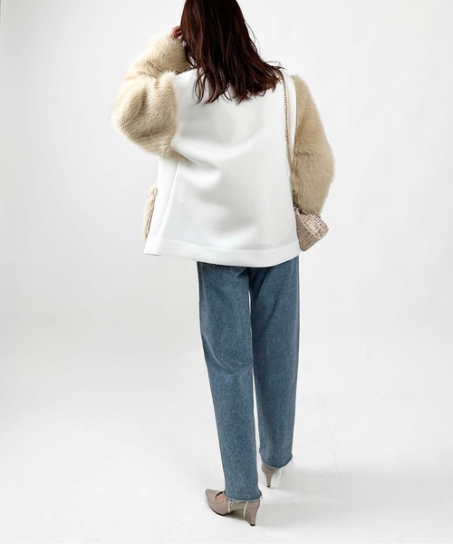 PICCIN（ピッチン）の「【WEB限定】ダンボールニット×ファージャケット（ノーカラーコート・レディース・ブラック/オフホワイト・M）」の12枚目の写真