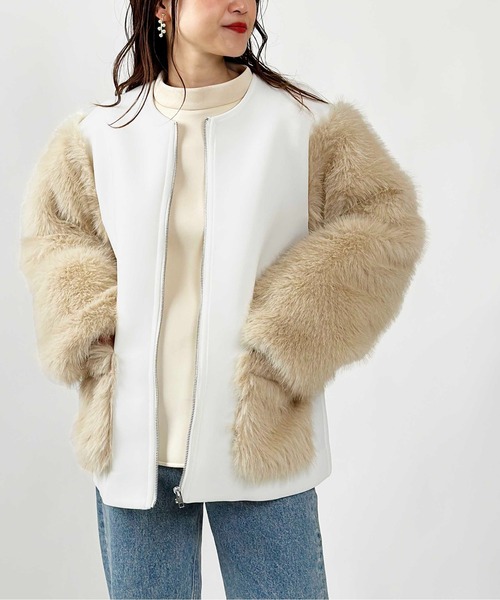 PICCIN（ピッチン）の「【WEB限定】ダンボールニット×ファージャケット（ノーカラーコート・レディース・ブラック/オフホワイト・M）」の3枚目の写真