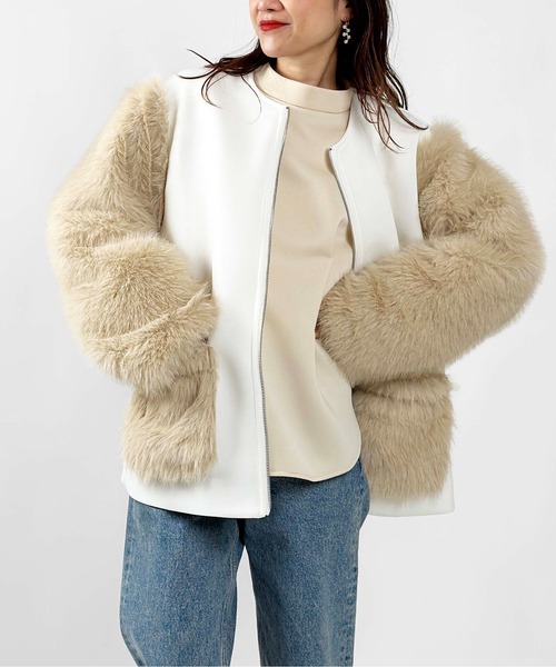 PICCIN（ピッチン）の「【WEB限定】ダンボールニット×ファージャケット（ノーカラーコート・レディース・ブラック/オフホワイト・M）」の8枚目の写真