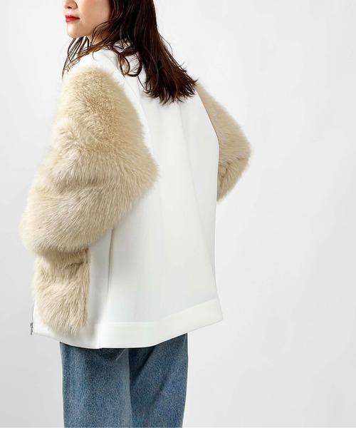 PICCIN（ピッチン）の「【WEB限定】ダンボールニット×ファージャケット（ノーカラーコート・レディース・ブラック/オフホワイト・M）」の5枚目の写真