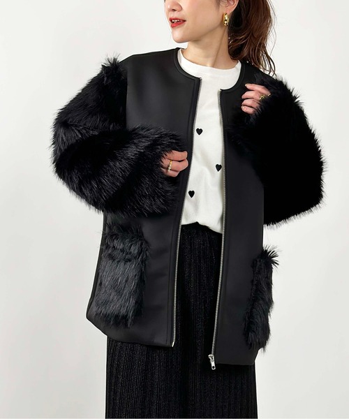 PICCIN（ピッチン）の「【WEB限定】ダンボールニット×ファージャケット（ノーカラーコート・レディース・ブラック/オフホワイト・M）」の18枚目の写真