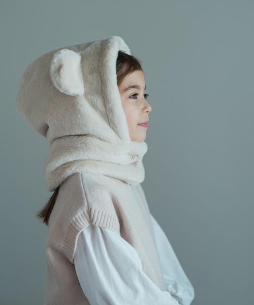 riziere（リジェール）の「くま耳ファー帽子（ニットキャップ/ビーニー・キッズ・アイボリー/グレイッシュベージュ・FREE）」の3枚目の写真