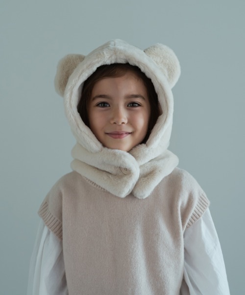 riziere（リジェール）の「くま耳ファー帽子（ニットキャップ/ビーニー・キッズ・アイボリー/グレイッシュベージュ・FREE）」の4枚目の写真