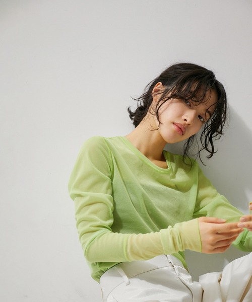 ADAM ET ROPE'(アダムエロペ)の「【逸品】シアーロンT(Tシャツ/カットソー・レディース・ピンク/グレー系その他/ライトグリーン・FREE)」の3枚目の写真